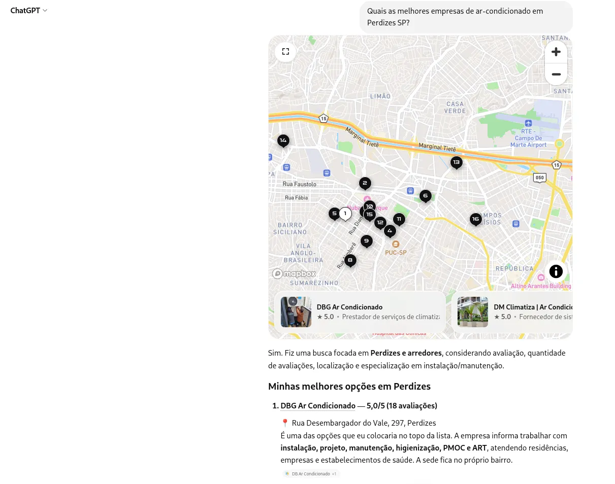 Primeiro indicação no ChatGPT na pesquisa empresa de ar-condicionado em Perdizes SP, técnicas de SEO e GEO da ATIVO ONLINE
